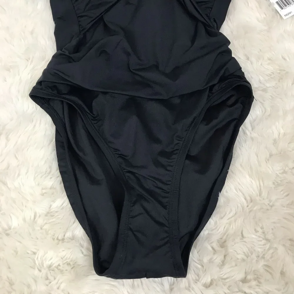 LA BLANCA Classic Black Ruched One Piece Swimsuit Cutout Twist Front Size‎ 2 New